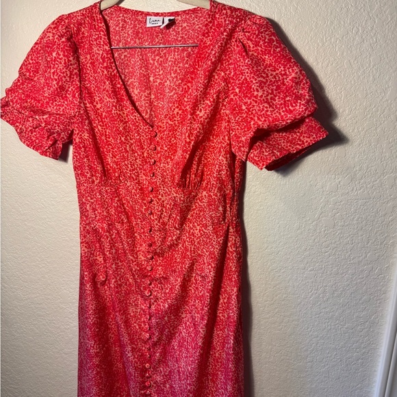 Luna Skies Puff Sleeve Red V-Neck Button Down Midi Dress Size M Valentines Day - Picture 3 of 8